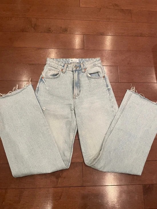 Zara Light Blue Straight Leg Distressed Jeans - Picture 4 of 8